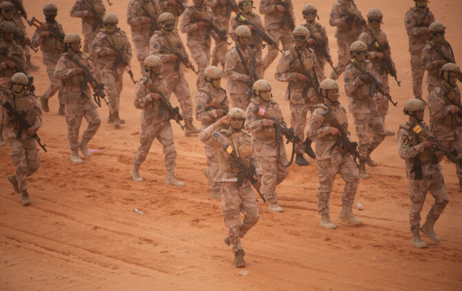 Libyan joint forces soldiers march across the parade grounds at the opening ceremony of Flintlock 2026 in Sirte, Libya on April 14, 2026. Since 2005, Flintlock has served as U.S. Africa Command’s premier annual special operations exercise. This year’s exercise brought together more than 30 countries across Côte d’Ivoire and Libya to build lethality and readiness, strengthen counterterrorism skills and increase collaboration across borders. (Courtesy photo)